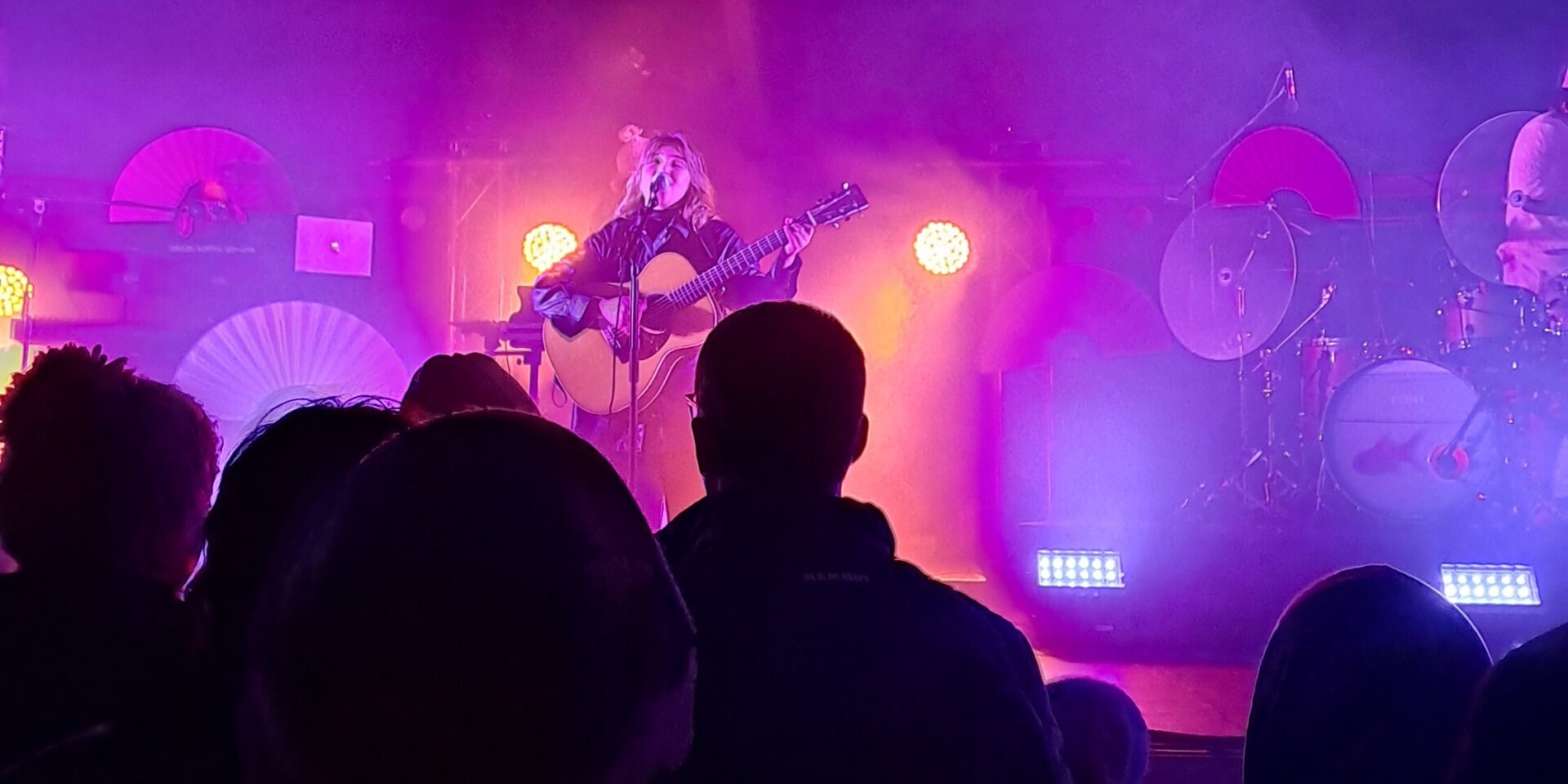 Künstlerin steht am Fuchstival mit Gitarre auf der Bühne, Zuschauer stehen im Vordergrund