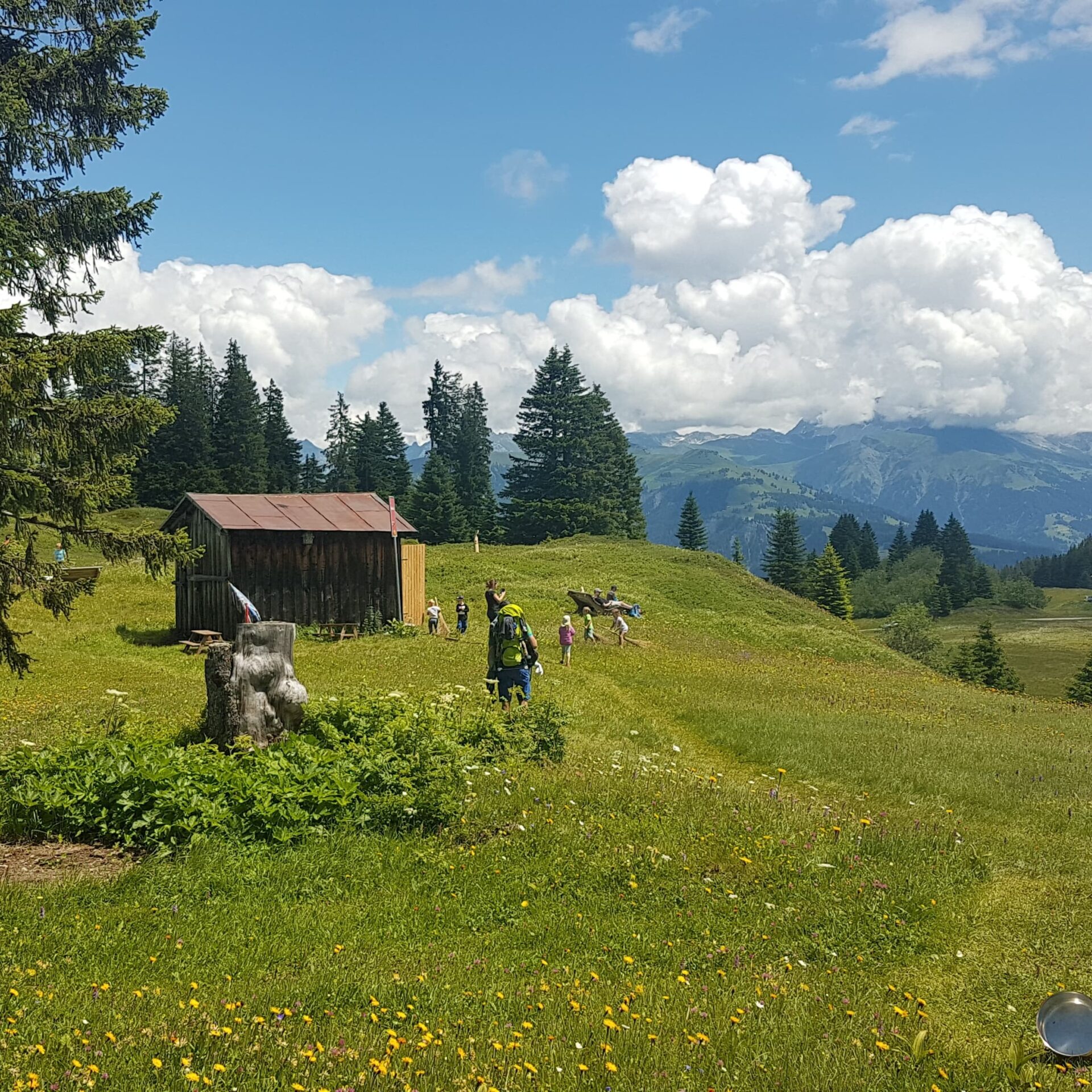 Aussicht auf das Hexenhüsli auf dem Erlebnisweg mit Panorama im Hintergrund