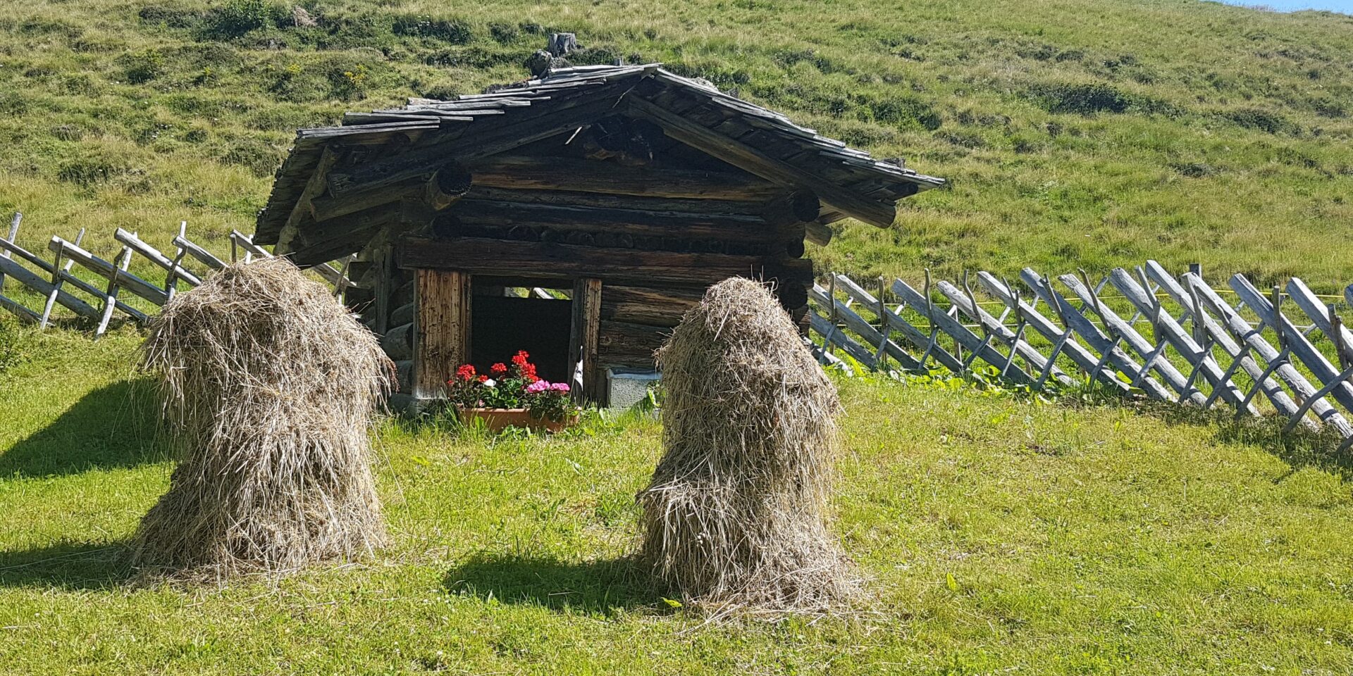 Ein Maiensäss, umgeben von Furner Schrägzaun und zwei Heuhaufen vorne dran