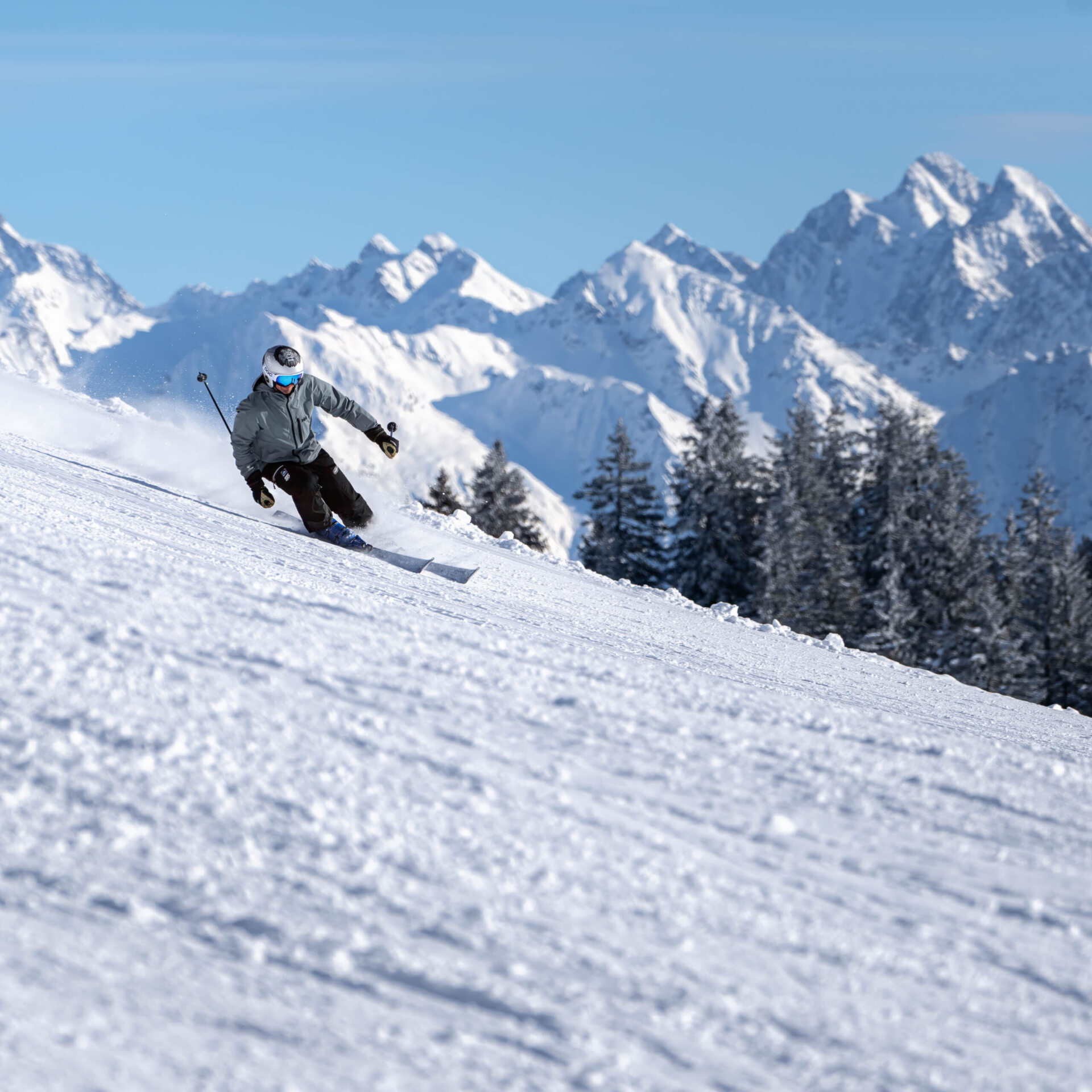 Skifahrer vor einer Bergkette